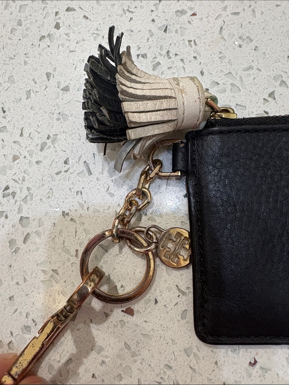 Tory Burch Black Leather Card Case Keyring with Tassel - Picture 2 of 6